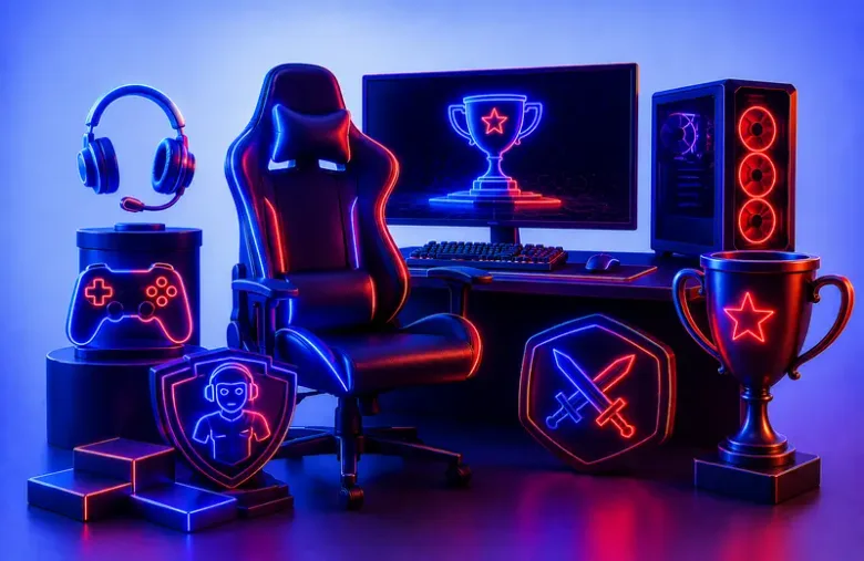 Gráfico decorativo de una silla gamer, monitor, torre de PC, audífonos y trofeos con luces de neón azul y rojo