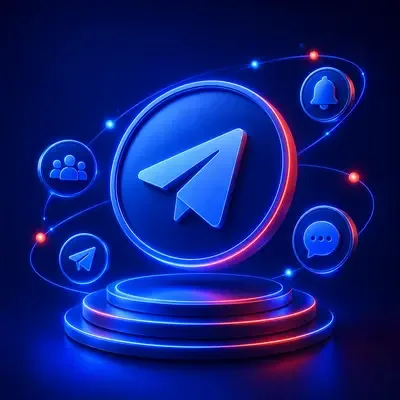 Ilustración del logotipo de Telegram con íconos de campana, chat y grupo alrededor