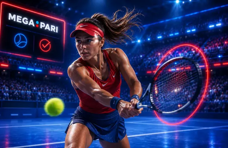 Fotografía decorativa de una tenista devolviendo la pelota, con un marcador VS y el logotipo MegaPari superpuestos