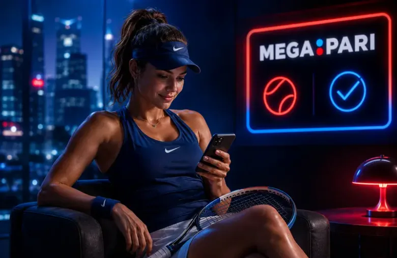 Fotografía publicitaria de una tenista revisando su teléfono frente a un rótulo de neón con el nombre de la marca.