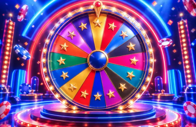 Gráfico decorativo de una rueda de la fortuna de casino con segmentos de colores y estrellas doradas