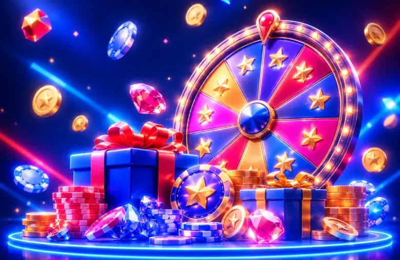 Gráfico decorativo de una rueda de la fortuna junto a cajas de regalo, monedas y gemas, sobre fondo azul