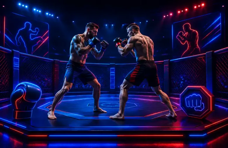 Ilustración decorativa de dos peleadores de MMA enfrentados dentro de un octágono con siluetas de golpes en el fondo