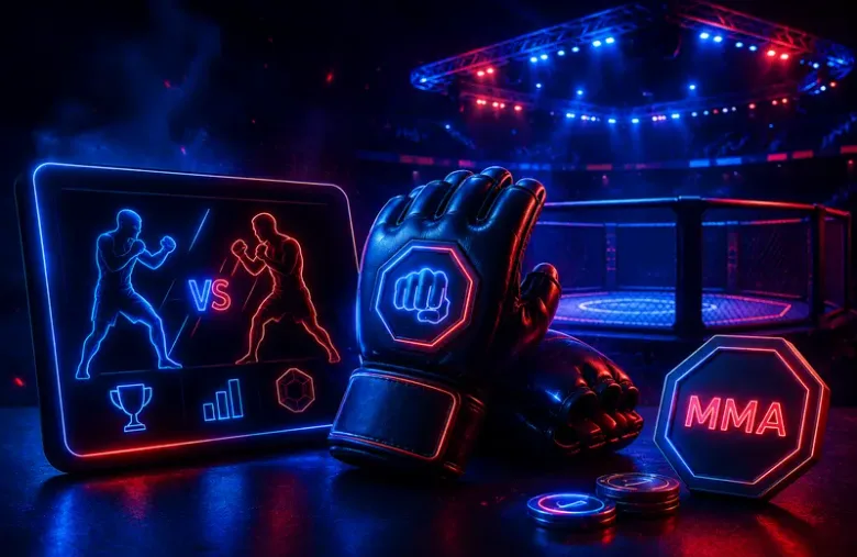 Ilustración de guantes de artes marciales mixtas, una jaula octogonal al fondo y una tableta con dos siluetas enfrentadas.