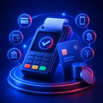 Ilustración de una terminal de pago con tarjeta e íconos de banco, billetera y criptomonedas