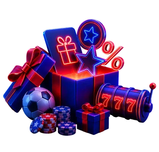 Ilustración de un regalo abierto con un balón de fútbol, una tragamonedas y símbolos de porcentaje y estrella