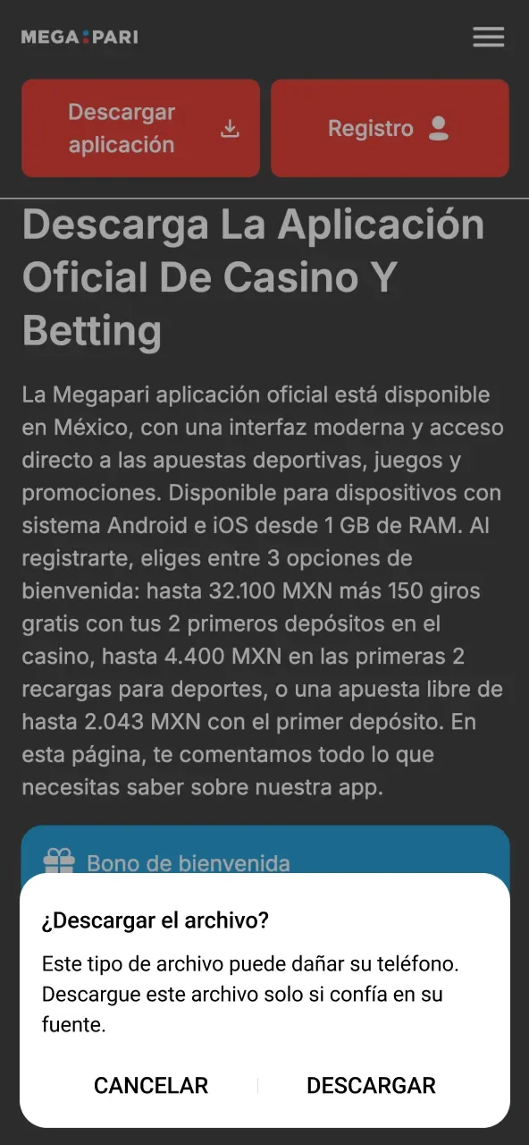 Página de descarga de la app con un cuadro de diálogo del navegador preguntando si desea descargar un archivo que puede dañar el teléfono