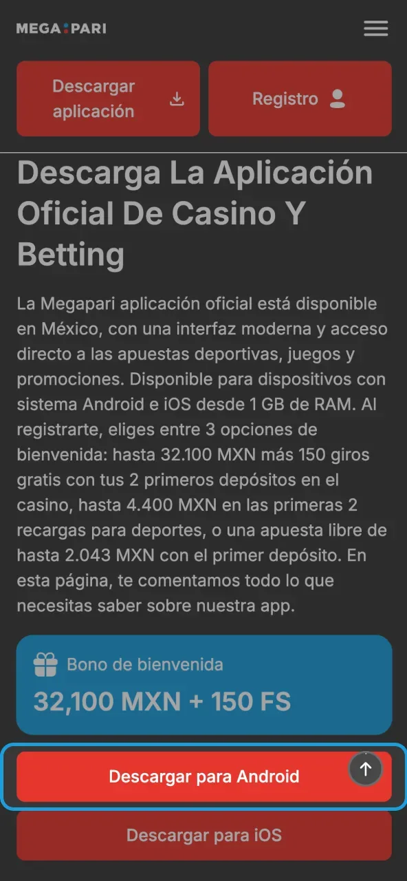 Pantalla de ingreso a la plataforma desde la aplicación de Android