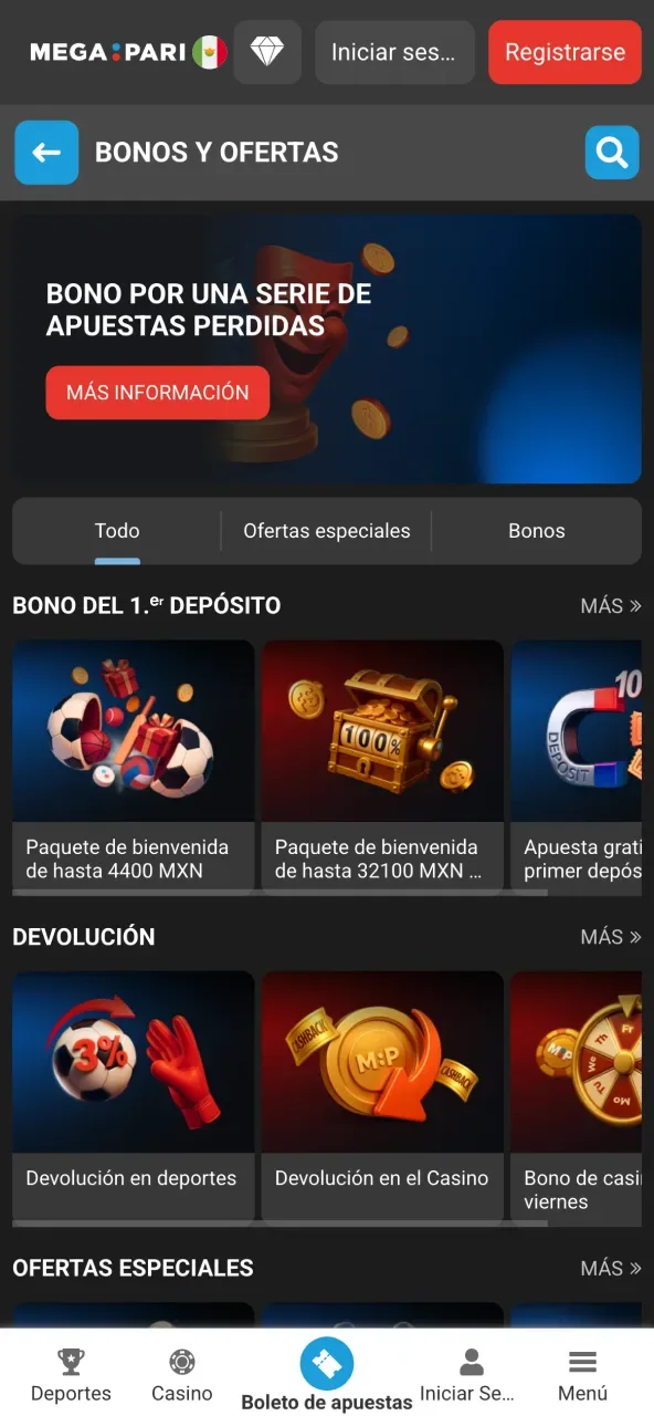 Apartado de bonos y ofertas con las secciones de bono del primer depósito y devolución en fichas horizontales.
