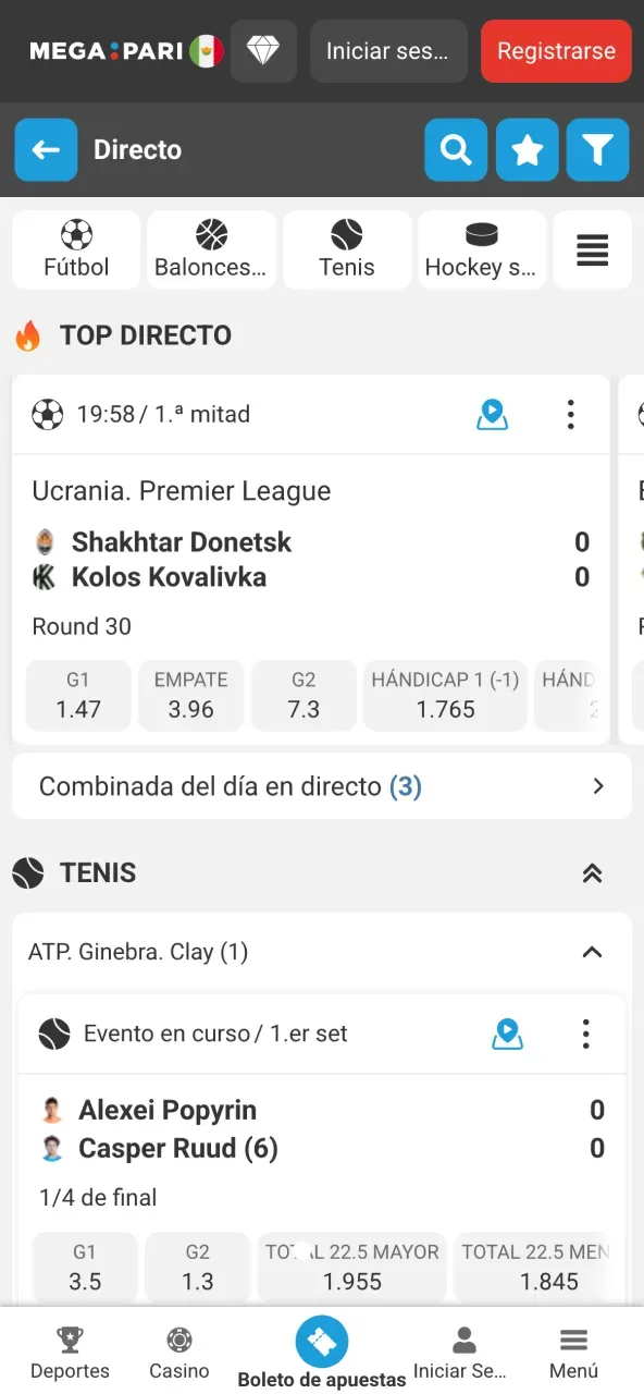Captura de una app de apuestas en vivo mostrando un hándicap "1 (-1)" con cuota 1.765 y totales de tenis