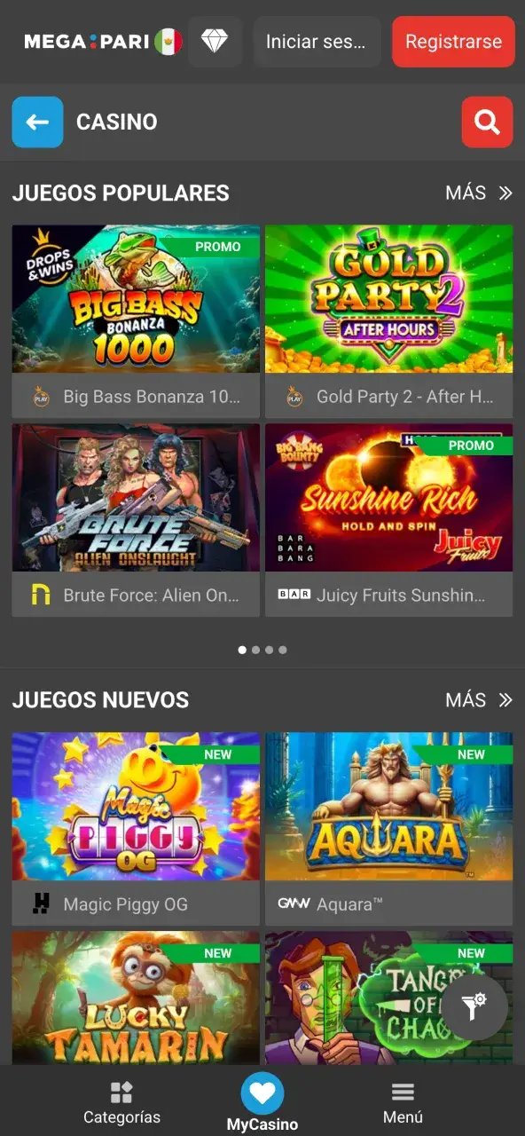 Captura de una app de casino móvil mostrando categorías "Juegos Populares" y "Juegos Nuevos" con miniaturas de tragamonedas