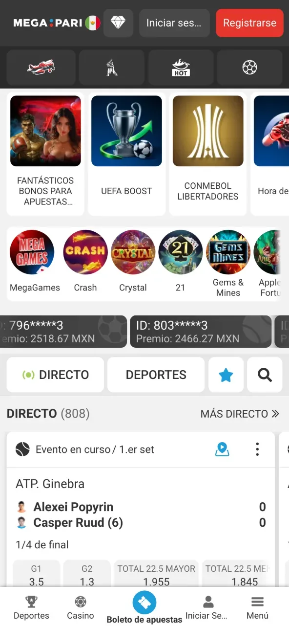 Pantalla principal de la aplicación móvil en el material de la marca