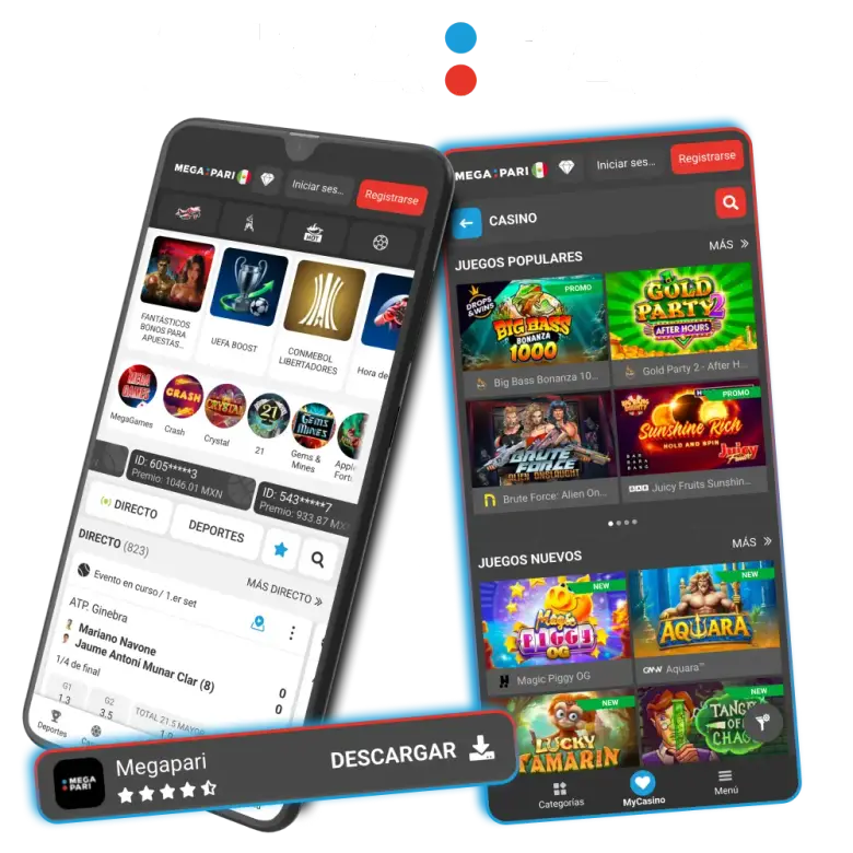 Composición de dos teléfonos, uno con la portada deportiva y otro con el lobby de casino, sobre una barra de descarga.