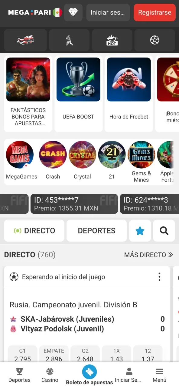 Portada móvil de la plataforma con carruseles de promociones y juegos y el listado de eventos en directo.