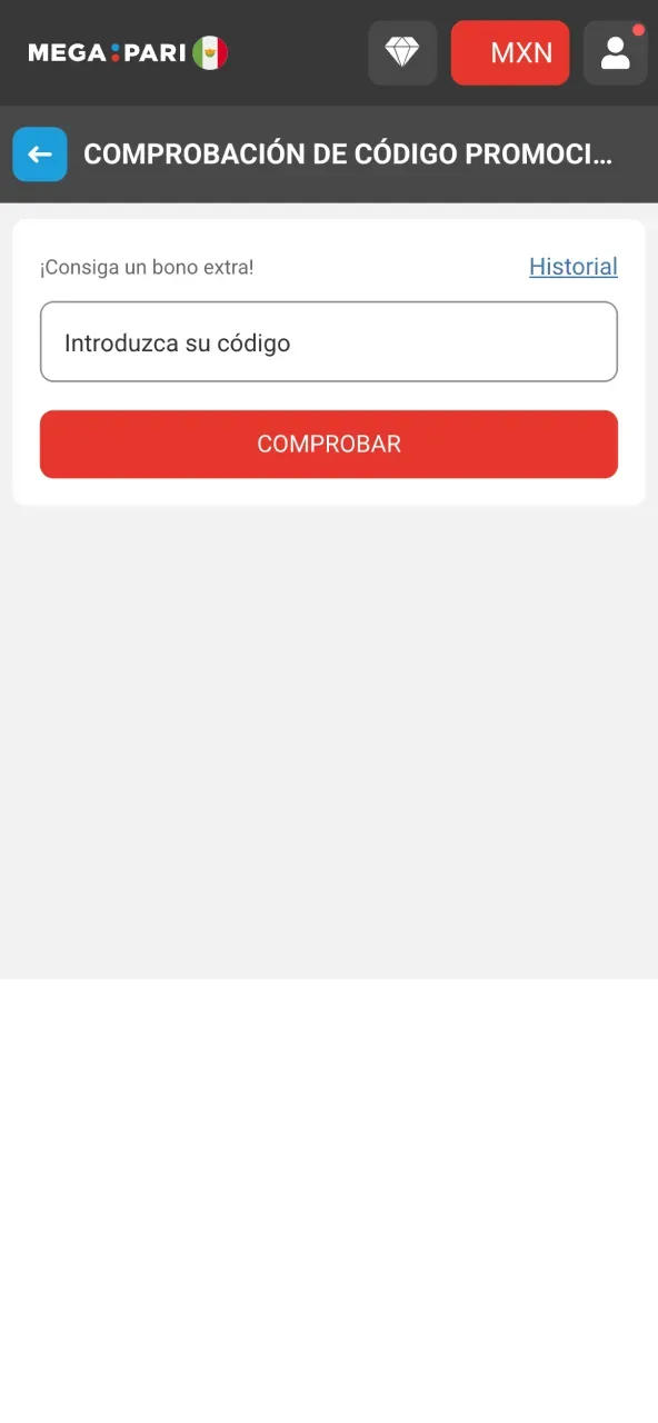 Pantalla de comprobación de código promocional con un campo de texto para introducir el código y un botón Comprobar