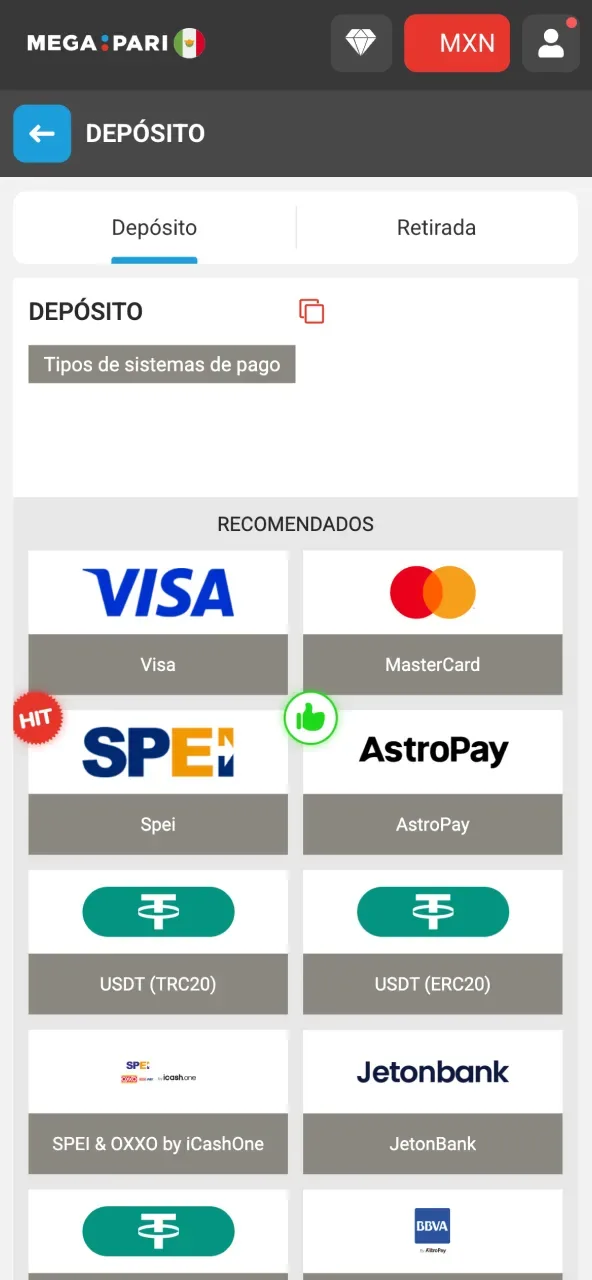 Pantalla de cajero con las pestañas de depósito y retirada arriba y el bloque de sistemas de pago recomendados debajo.