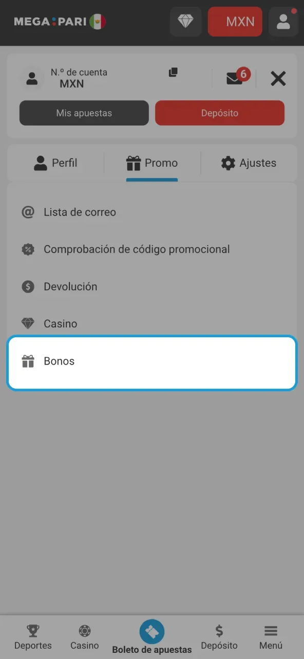 Panel de cuenta con la pestaña promo abierta y la entrada de bonos resaltada sobre el resto de opciones promocionales.
