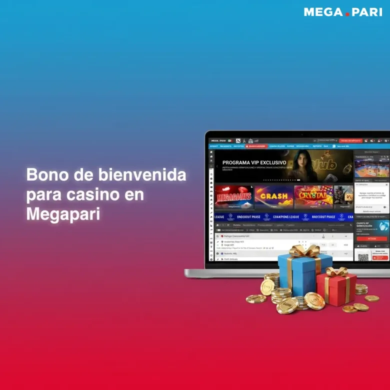 Pieza promocional de una laptop con el lobby del casino y un montón de monedas y cajas de regalo al frente.
