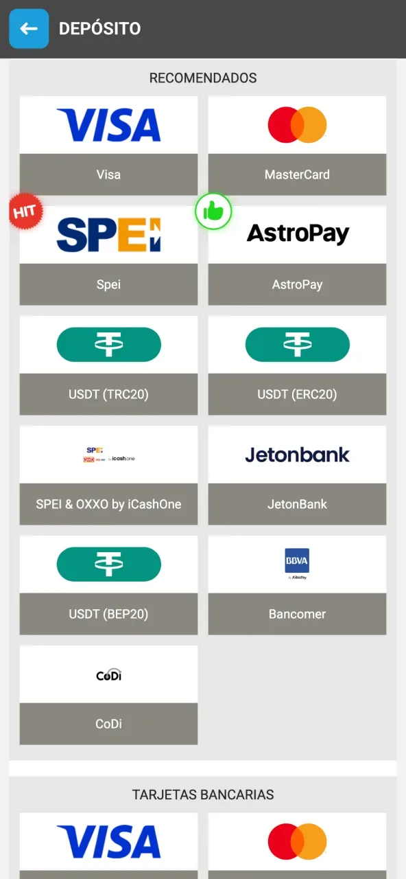 Listado de métodos recomendados de depósito con Visa, MasterCard, SPEI, AstroPay, USDT en tres redes, JetonBank y Bancomer.