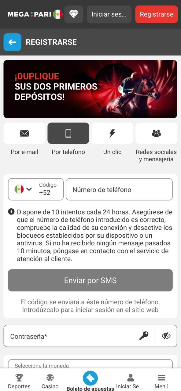 Pantalla móvil de registro con las cuatro pestañas de alta y la de teléfono activa, sobre un banner promocional.