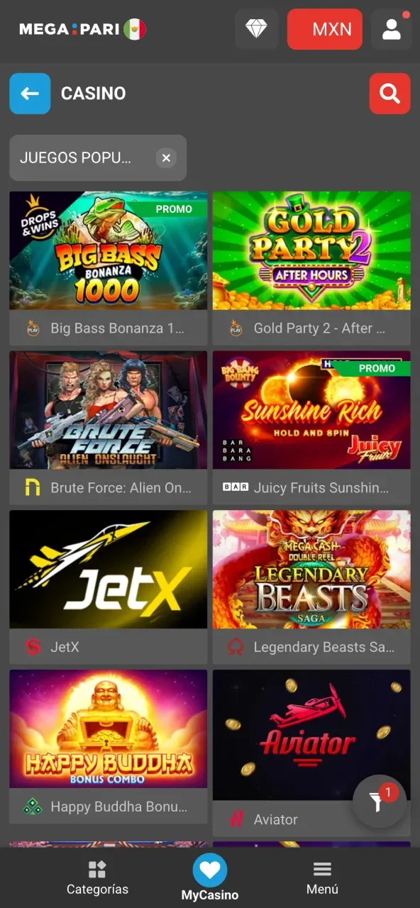 Captura de una app de casino móvil mostrando una cuadrícula de tragamonedas como Big Bass Bonanza, Gold Party 2 y Aviator