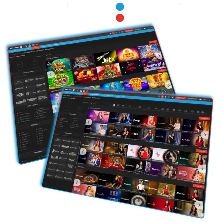 Dos capturas de pantalla comparadas: lobby de tragamonedas y lobby de casino en vivo organizado por tipo de juego con proveedores como Ezugi