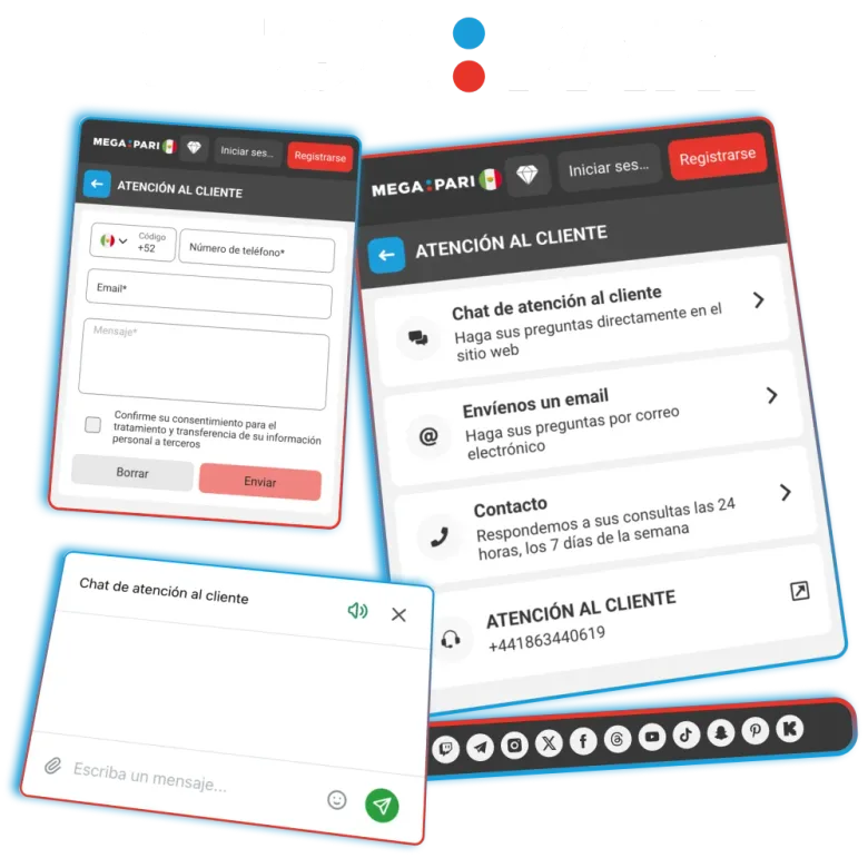 Composición con el formulario de atención al cliente, el listado de canales de contacto y una ventana de chat abierta.