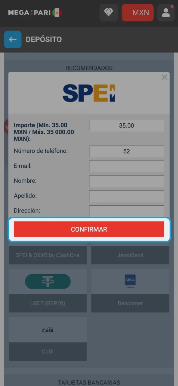 La misma ventana de depósito por SPEI con el botón de confirmar resaltado al pie del formulario.