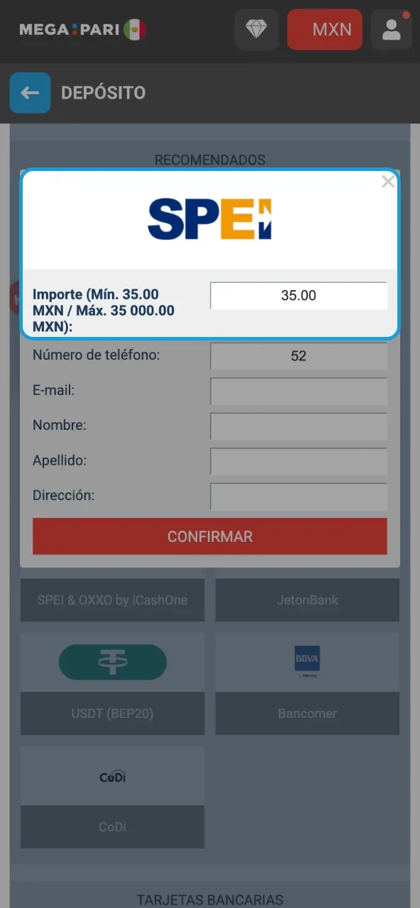 Ventana de depósito por SPEI con el campo de importe resaltado y los campos de teléfono, correo, nombre, apellido y dirección.