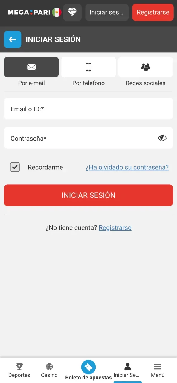 Inicio de sesión móvil con la pestaña de correo activa, la casilla de recordarme y el enlace de contraseña olvidada.