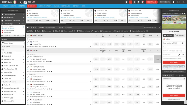 Tabla de cuotas de fútbol y NFL con columnas 1X2, hándicap y total en una interfaz de apuestas