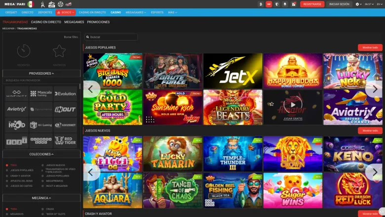 Lobby de tragamonedas con varios juegos de tipo crash visibles entre ellos JetX y Aviatrix, junto a otros títulos populares