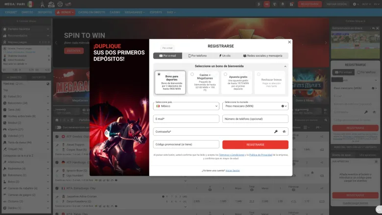 Captura de pantalla completa del sitio con el modal de registro abierto y el selector de bono de bienvenida con tres opciones