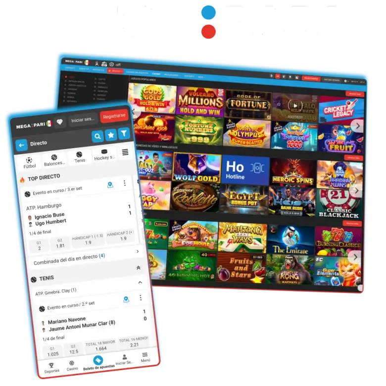 Composición de una pantalla de escritorio llena de portadas de tragamonedas junto a un teléfono con la lista de partidos en directo.