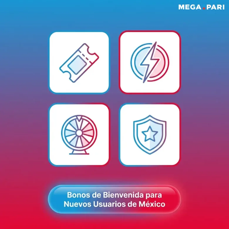 Gráfico con cuatro iconos —cupón, rayo, ruleta de premios y escudo— bajo el título Bonos de Bienvenida para Nuevos Usuarios de México