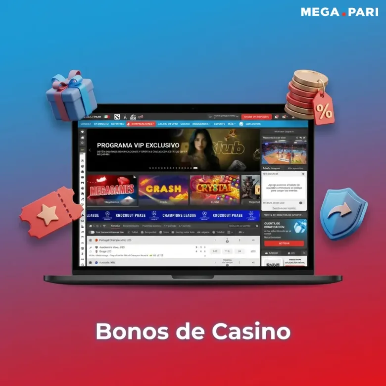 Pieza promocional de una laptop con la sección de bonificaciones rodeada de un cupón, monedas y un escudo.