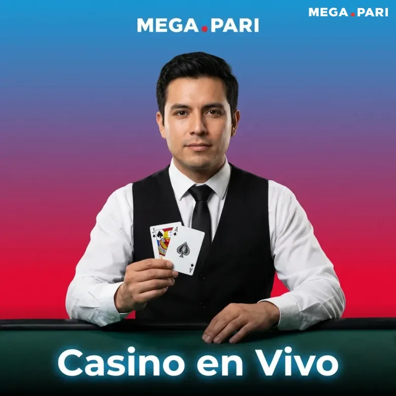 Crupier con chaleco sosteniendo una jota y un as de espadas bajo el título Casino en Vivo