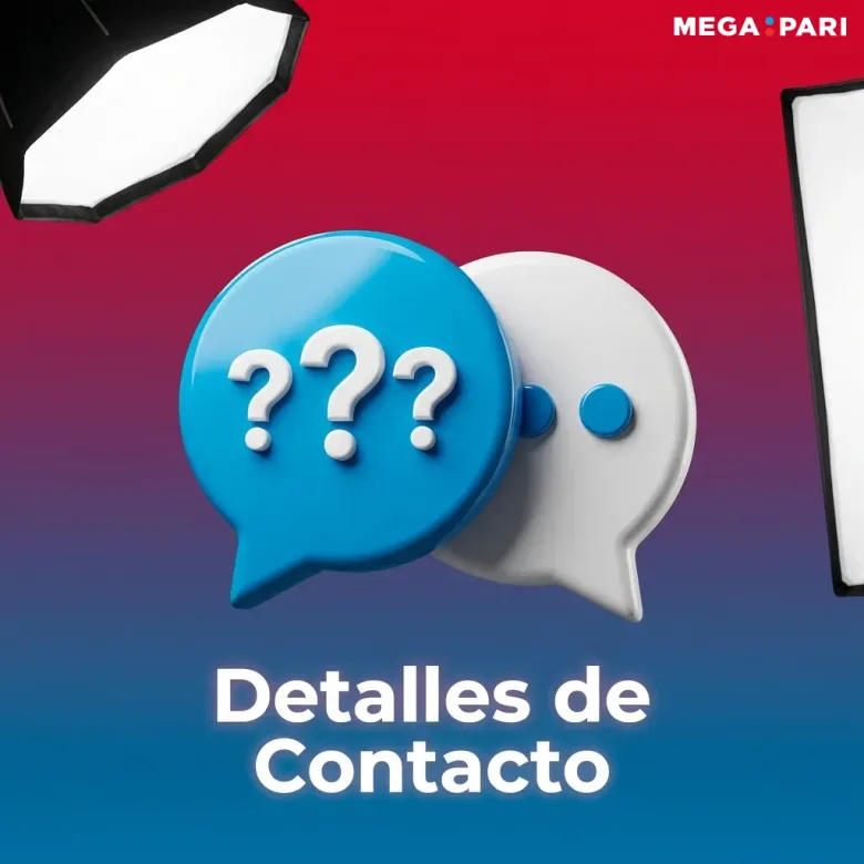 Gráfico decorativo con dos globos de diálogo y signos de interrogación bajo el título Detalles de Contacto