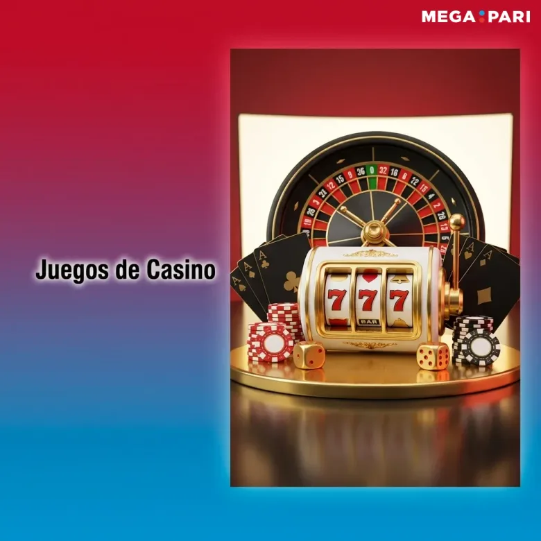 Pieza promocional con una ruleta, una máquina de tres tambores, cartas, dados y fichas sobre una tarima dorada.