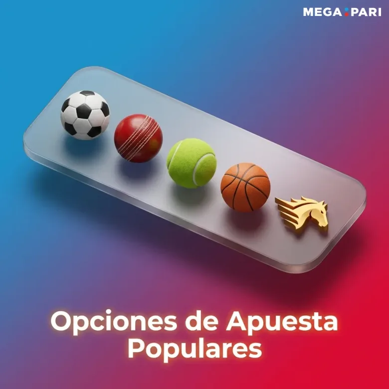 Gráfico promocional con balones de fútbol, críquet, tenis y básquetbol sobre una bandeja, título "Opciones de Apuesta Populares"