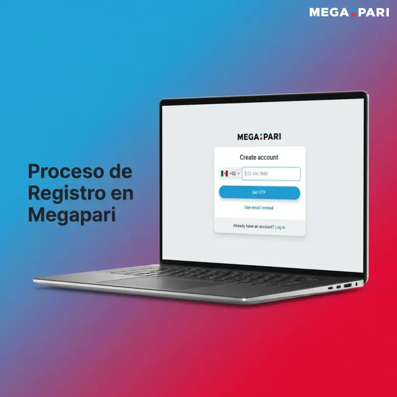 Gráfico de una laptop con el formulario Create account, el prefijo telefónico +52 y el botón Get OTP.