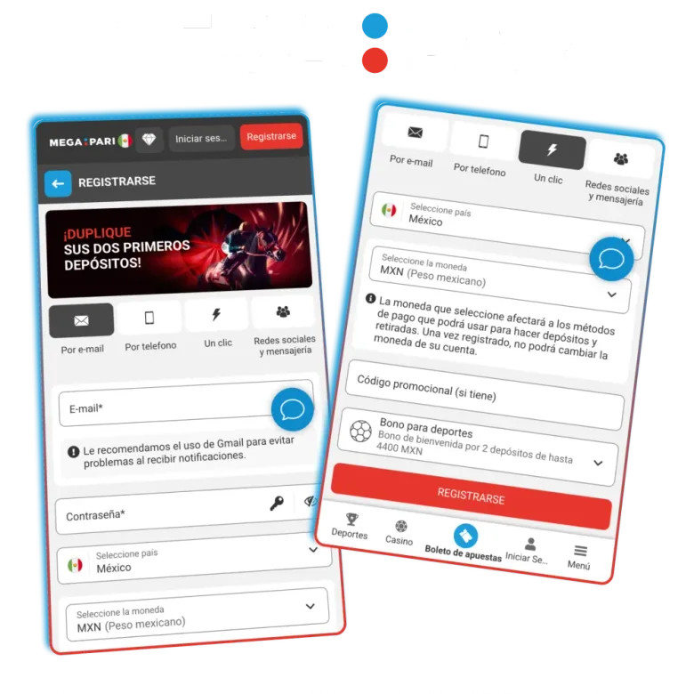 Dos paneles de registro de MegaPari mostrando las cuatro vías de alta y los campos de país, moneda y código promocional