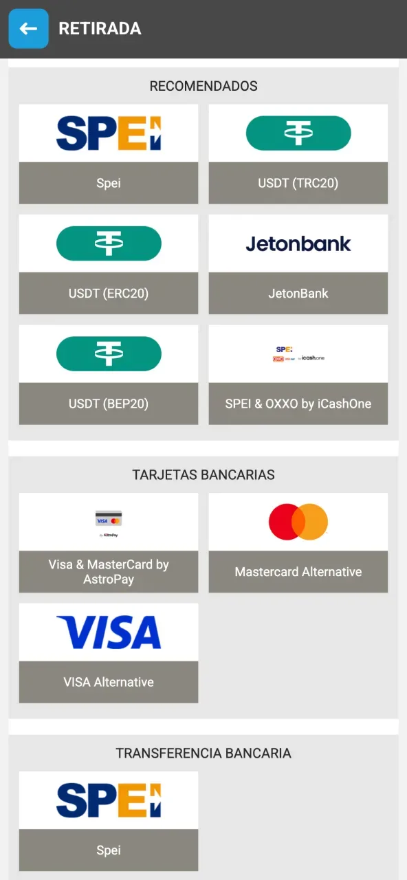 Listado de métodos de retirada agrupados en recomendados, tarjetas bancarias y transferencia bancaria.