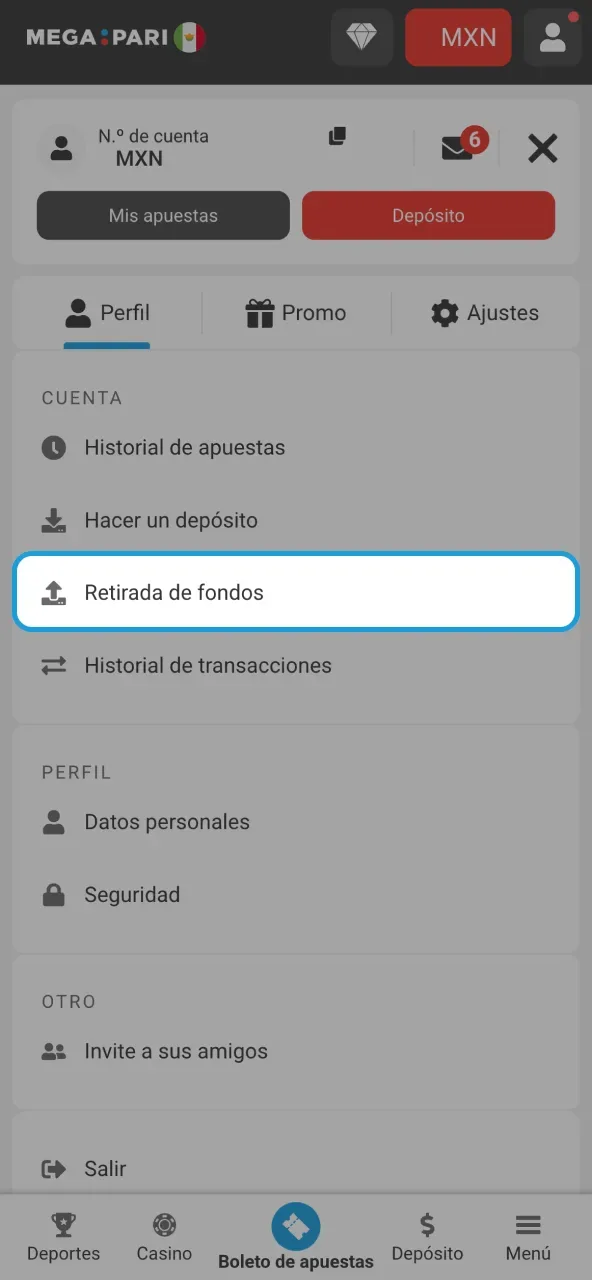Menú de perfil con las entradas de historial de apuestas, hacer un depósito y retirada de fondos, esta última resaltada.