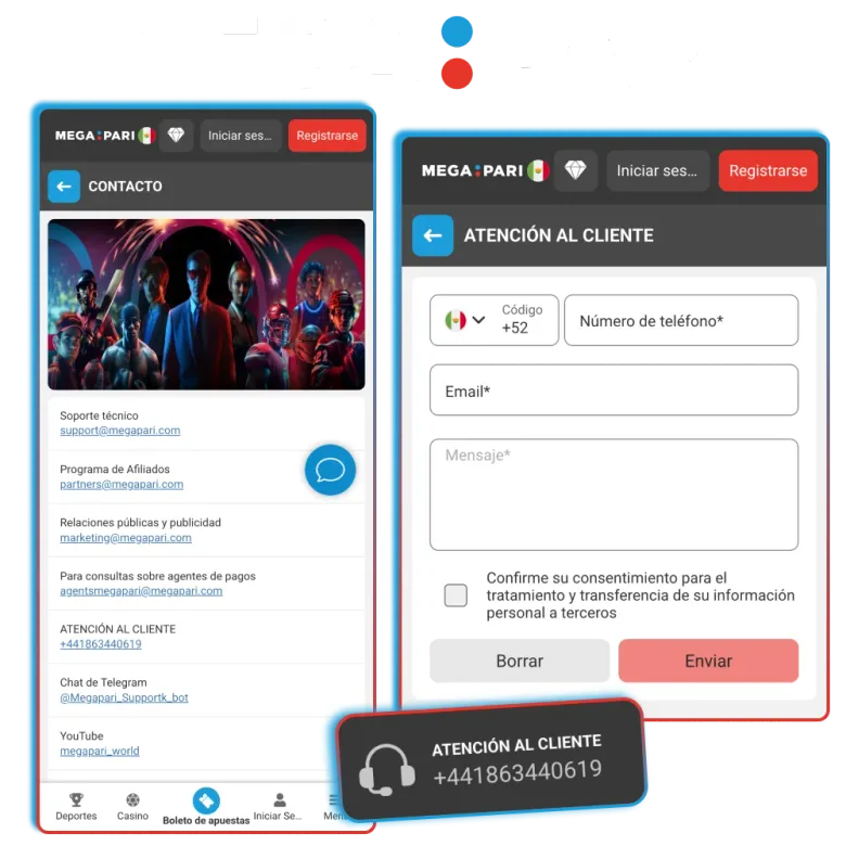 Capturas de pantalla de las páginas de contacto y atención al cliente del sitio de guías