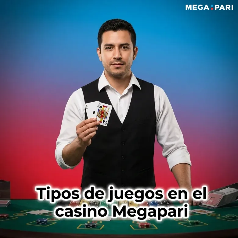 Fotografía de un crupier con chaleco mostrando dos cartas sobre una mesa de casino con fichas.