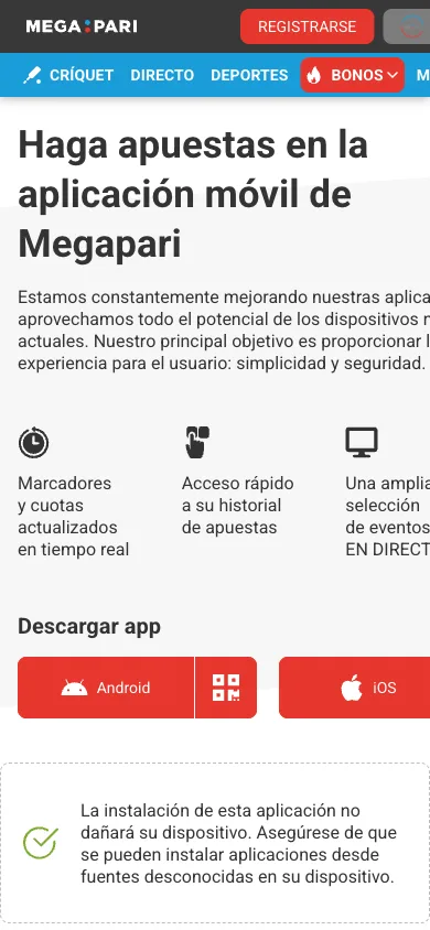 Página de la aplicación móvil con descargas para Android e iOS y aviso de instalación