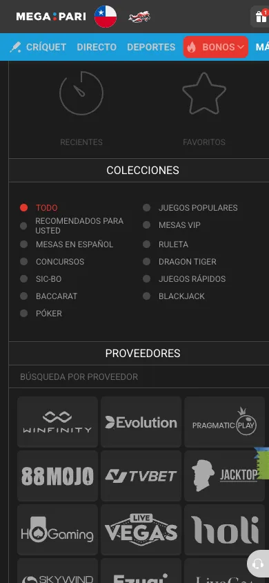 Lobby de casino en vivo con colecciones de mesas y logotipos de proveedores