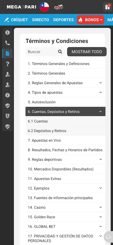 Índice de Términos y Condiciones con la sección 6, Cuentas, Depósitos y Retiros, desplegada mostrando los subtítulos 6.1 y 6.2