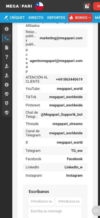 Bloque de datos de contacto con un teléfono de atención al cliente con prefijo +44, correos de contacto y enlaces a redes sociales